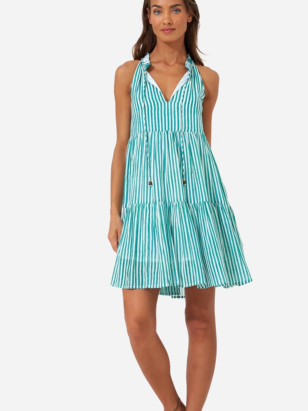 Oliphant Teal and White Striped Halter Sundress